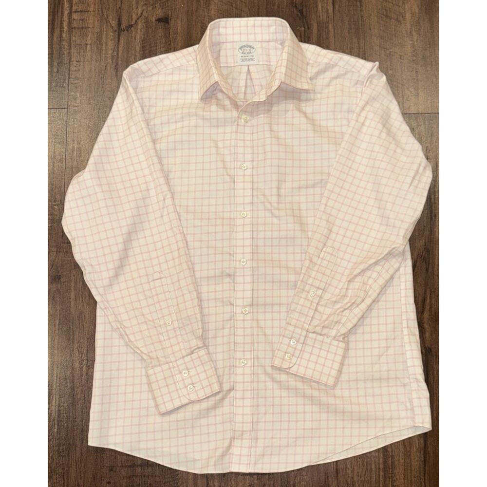 Brooks Brothers Mens White pink Windowpane REGENT long sleeve button 15 - 32